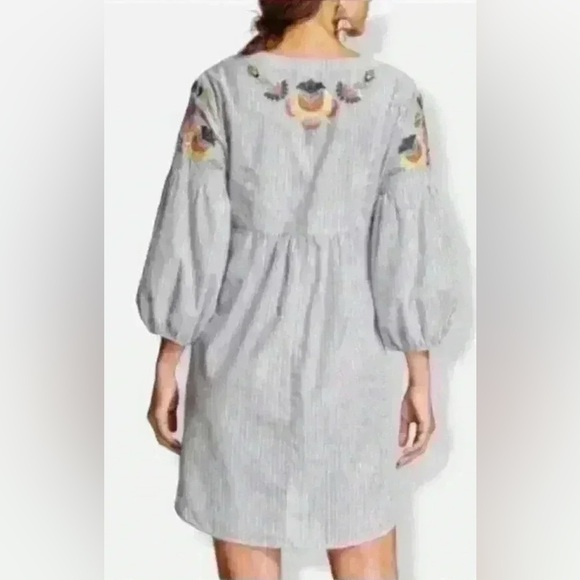Knox Rose Embroidered 3/4 Ballon Sleeve Dress Sz S blue and white striped boho - Picture 2 of 11